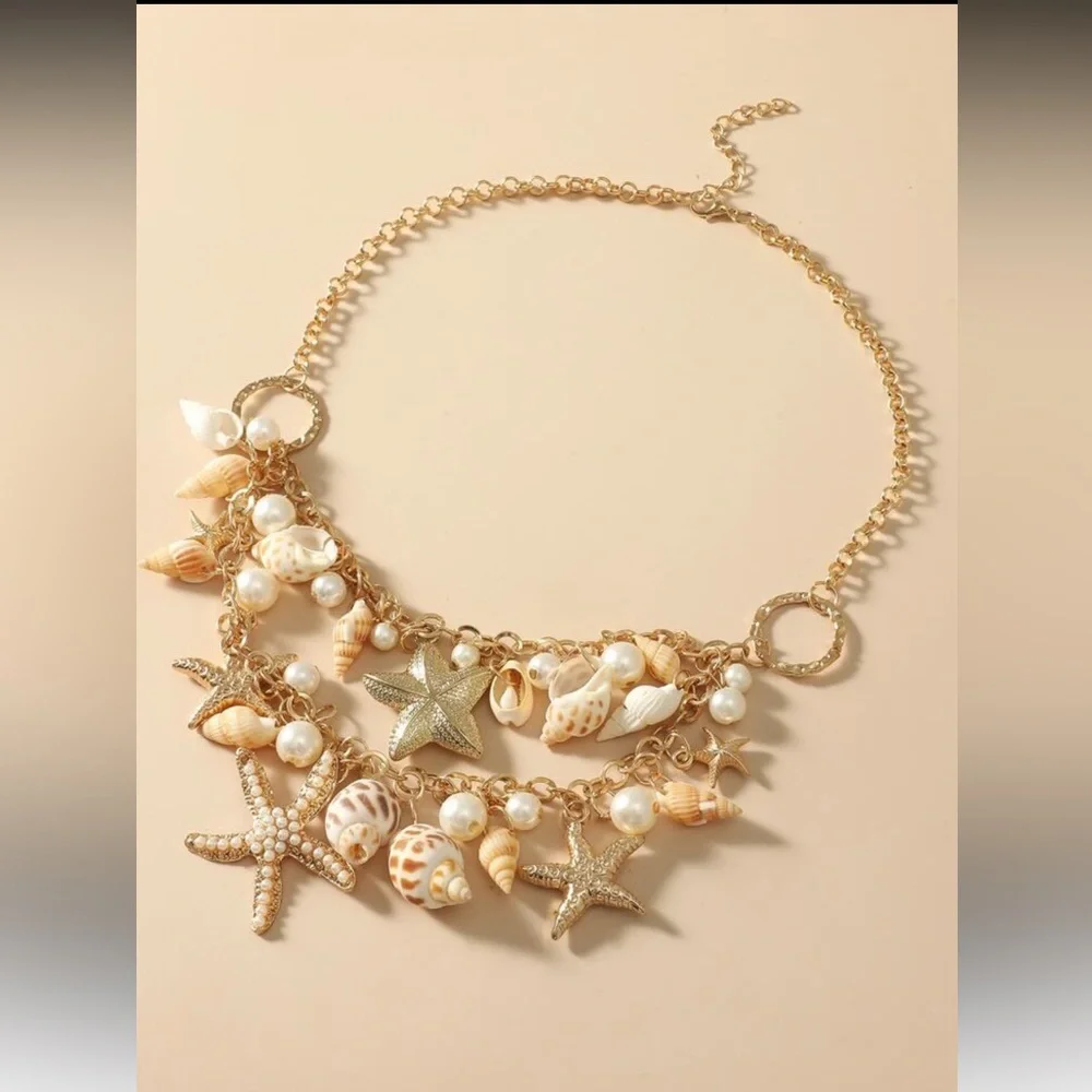 SeaShell & starfish layered charm statement necklace| mermaidcore vacation beach - Picture 3 of 7